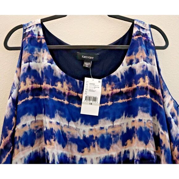Karen Kane Women's Plus Sz 1X Seaside Blue Tie Dye Cold Shoulder Scarf Top $150 - Picture 5 of 10